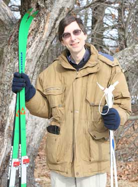John Ford poses with his cross-country skis and the jacket he was wearing when he got lost in the woods of northern New Hampshire. (Photo by Lisa Aciukewicz) John Ford poses with his cross-country skis and the jacket he was wearing when he got lost in the woods of northern New Hampshire. (Photo by Lisa Aciukewicz)