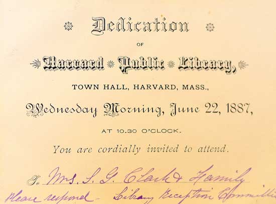 An original invitation to the library's dedication in 1887.