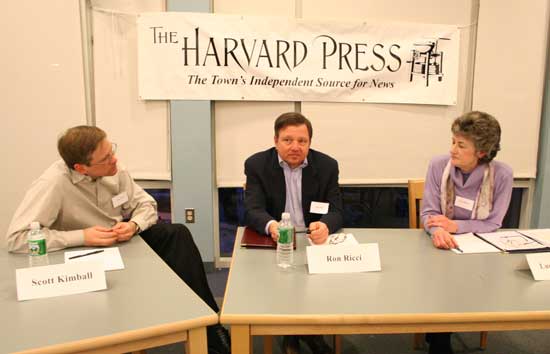 From left, candidates for Board of Selectmen Tim Clark, Ron Ricci, and Lucy Wallace.