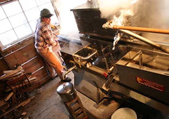 Jim Burns feeds the fire in his sugar house. (Photos by Lisa Aciukewicz) Jim Burns feeds the fire in his sugar house. (Photos by Lisa Aciukewicz)