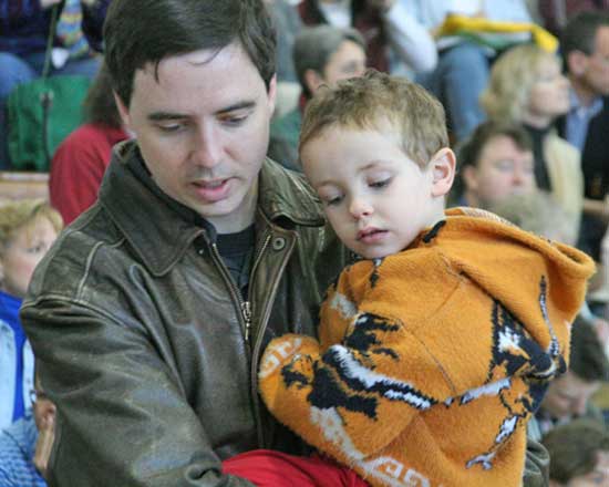 Josh Bretz checks in with son Michael, age 3.