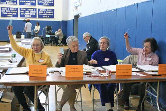 From left: Sandy Lefkovits, Marylin Morgan, Dorothy Solbrig, and Ruth Miller vote from the Town Meeting check-in table.