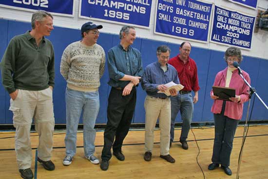 Selectman Lucy Wallace and the 2007 Committee of Note, the Bare Hill Pond Watershed Management Committee: from left, Bill Johnson, Jeff Ritter, Nick Browse, Bruce Leicher, and Chris Ashley.