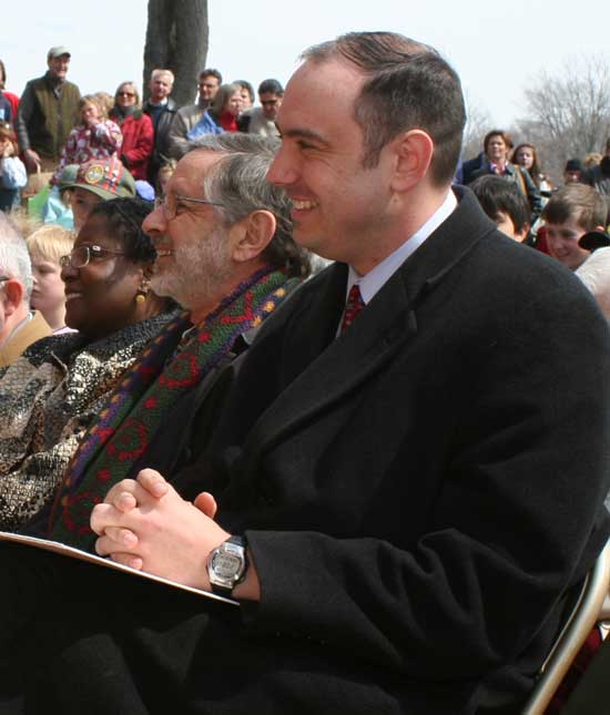Mass. Board of Library Commissioners Chairwoman Em Claire Knowles (left), principal architect Richard Bertman, and State Representative Jamie Eldrige listen to opening remarks.