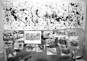 Wall of Jackson Pollock created by the four-year-olds class. A print by Jackson Pollock is just left of center. (Courtesy photo by Kathryn Costello) Wall of Jackson Pollock created by the four-year-olds class. A print by Jackson Pollock is just left of center. (Courtesy photo by Kathryn Costello)