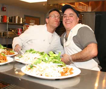 Chef Paul hams it up with Chris Basile, who prepared pad thai for the Bromfield School Tuesday. (Photo by Lisa Aciukewicz) Chef Paul hams it up with Chris Basile, who prepared pad thai for the Bromfield School Tuesday. (Photo by Lisa Aciukewicz)