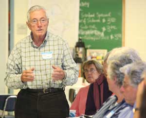 Larry Finnegan shares his views on Devens at a forum attended by approximately 45 Harvard residents on a rainy Saturday morning. (Photo by Lisa Aciukewicz)