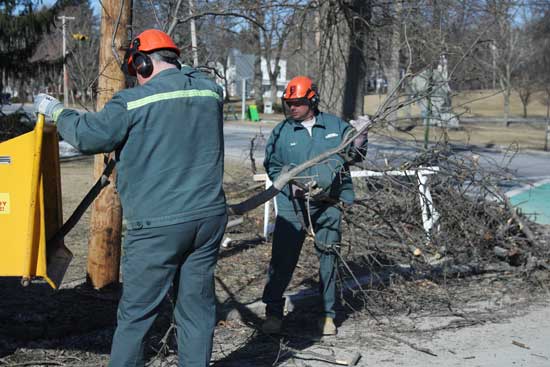 Department of Public Works staff members Bill Card (left) and Larry Allard remove brush from the Common left from the December 2008 ice storm. Cleanup of debris took months for homeowners and the town alike.