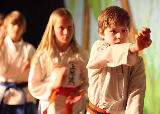 Sarah Seymour and Tim Eliyesil perform a kata during a karate demonstration by Rising Star East Martial Arts of Ayer.