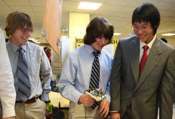 Ben Waldman, Mac Devlin, and David Choi play with the electronic cane developed by the InvenTeam at the science fair held at Bromfield in February. (Photo by Lisa Aciukewicz) Ben Waldman, Mac Devlin, and David Choi play with the electronic cane developed by the InvenTeam at the science fair held at Bromfield in February. (Photo by Lisa Aciukewicz)