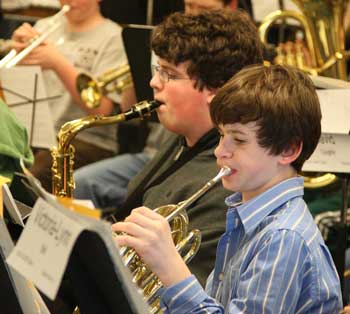 Bromfield eighth-graders Dan Jackson (left) and Sam Beebe-Lepidus play in the festival. (Photo by Lisa Aciukewicz) Bromfield eighth-graders Dan Jackson (left) and Sam Beebe-Lepidus play in the festival. (Photo by Lisa Aciukewicz)