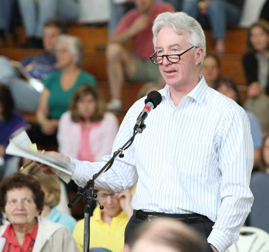 Jared Wollaston, speaking in favor or Article 23, commented that Harvard is in no way a dry town. He brought laughter to the crowd when he pointed out, "Just look at all the wine bottles at the transfer station on Saturday morning."