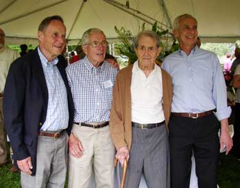 From left: Frank Coolidge, Larry Finnegan, Erhart Muller, and Victor Normand celebrate Muller’s 100th birthday on Aug. 13. Coolidge, Finnegan, and Muller are three of the five founding trustees of the Harvard Conservation Trust. Normand is the current president. From left: Frank Coolidge, Larry Finnegan, Erhart Muller, and Victor Normand celebrate Muller’s 100th birthday on Aug. 13. Coolidge, Finnegan, and Muller are three of the five founding trustees of the Harvard Conservation Trust. Normand is the current president.
