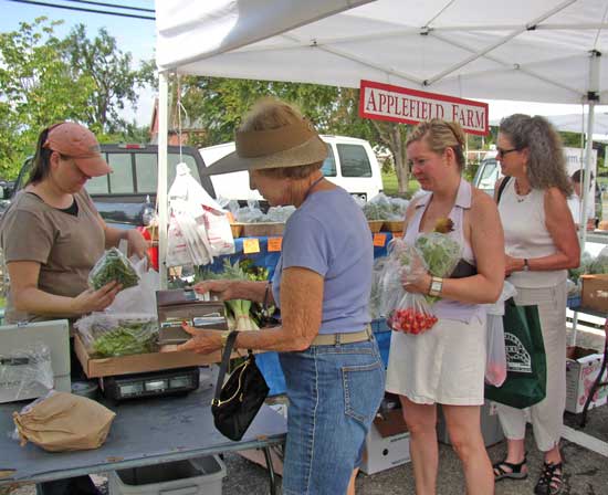 Michelle Schroeder of Applefield Farm (Stow) sells  produce while Donna Lee and Susan Tarrant wait their turn.