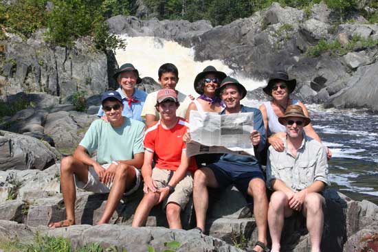 The Whitneys and the Stoddarts enjoyed the Allagash Wilderness Waterway—and the Harvard Press—this summer. Front, from left: Keiron Stoddart, Erik Johnson, Hugh Stoddart, Rick Johnson. Back, from left: Marion Stoddart (of Groton), Brenton Stoddart, Piali De, Ann Whitney.
