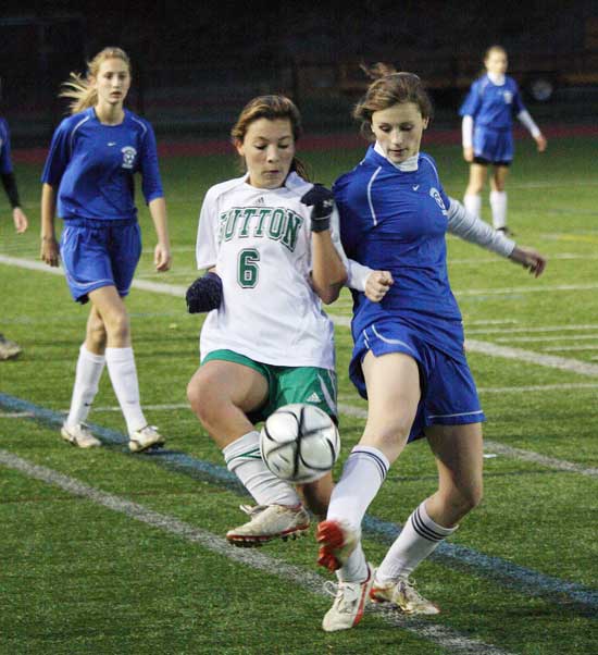 Bromfield Junior Grace Bilodeau fights for the ball against an opponent from Sutton in the Girls Central Division 3 semifinal game. The team went on to lose the game 0-2, ending an outstanding season with a regular season record of 13-4-1.