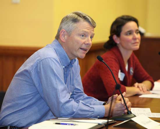 Board of Selectmen candidates Bill Johnson and Marie Sobalvarro debate in Volunteers Hall in November before the special election in which Sobalvarro was elected.