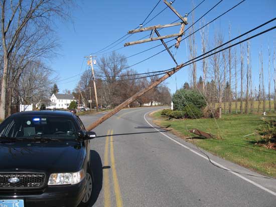 A truck brought down a utility pole on Still River Road Nov. 16, after snagging some phone lines. Cars were detoured around the area from noon to 10 p.m. (Courtesy photo)