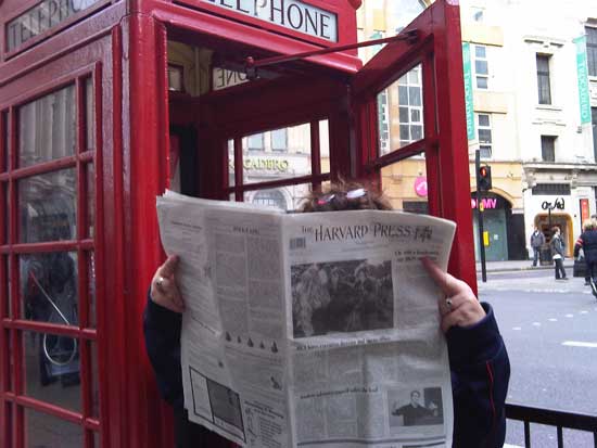 Gayle Driscoll of Ann Lees Road found time to call home and catch up on the latest Harvard news before taking the underground to Wembley Stadium to see the Patriots play the Buccaneers in London.