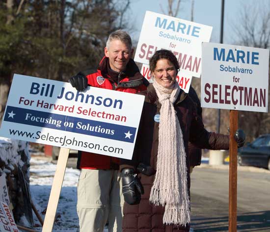 Bill Johnston and Marie Sobalvarro campaign in front of Bromfield on election day, Dec. 8. Sobalvarro went on to win the election by 34 votes.