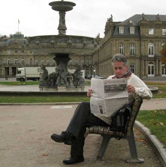 East Bare Hill Road resident Christopher Chalifoux reads the Press in Stuttgart, Germany.