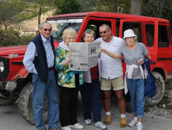 Gary Gasser, Joyce Garrick, Nancy Gasser, Maurizio Pierantoni (chief driver) and Ellie Buford (tour guide) in Caudino-Tenuta San Settimio, Italy with the Press