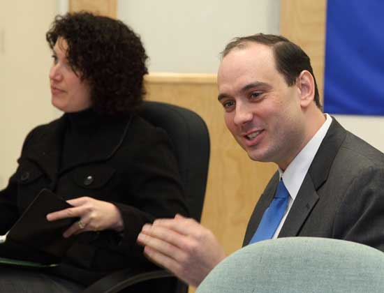State Representative Jen Benson (left) and State Senator Jamie Eldridge report to Harvard's Board of Selectmen at Town Hall Tuesday, Jan. 19.