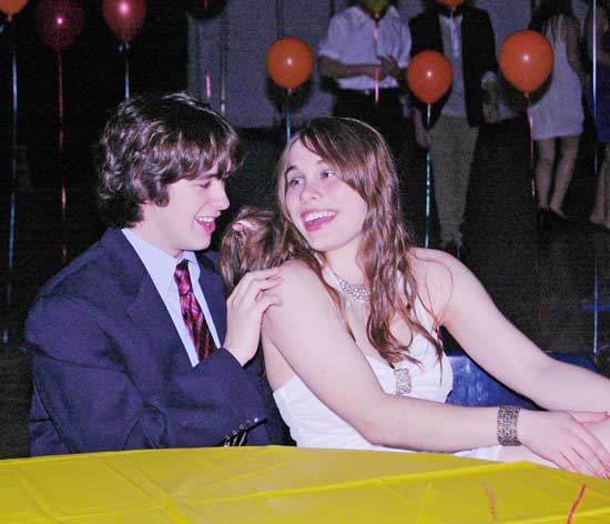 Mac Devlin (left) and Jacky McGoldrick take a break from the dance floor at the Snowball dance at Bromfield Jan. 23. (Photo by Laura Zupancic)