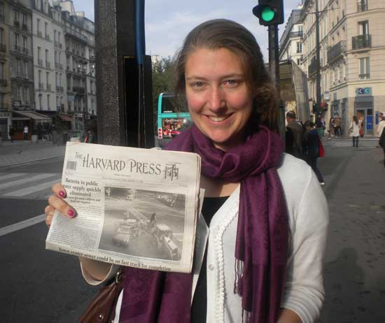 Colby College freshman and 2009 Bromfield graduate Liz Frothingham displays a copy of the Press in Paris where she studied last fall.