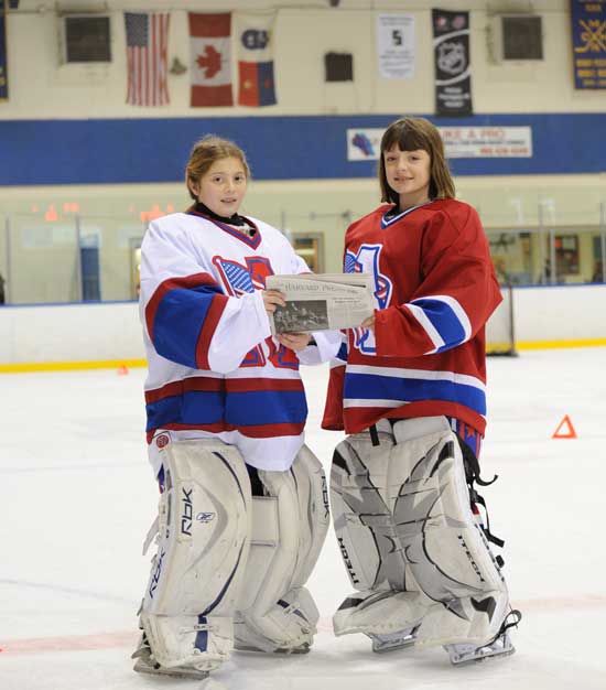 Kelly Pickreign (left) of Prospect Hill Road and Jordan Manning of Park Lane took the Press with them to Toronto, Canada, where they competed in the Whitby Girls Hockey “Tournament of Heroes.”