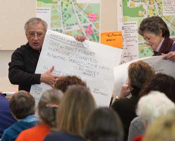 Rick Maiore (left) and Lucy Wallace present their group’s findings during the municipal building charrette held in the old library on Jan. 30. (Photo by Lisa Aciukewicz) Rick Maiore (left) and Lucy Wallace present their group’s findings during the municipal building charrette held in the old library on Jan. 30. (Photo by Lisa Aciukewicz)