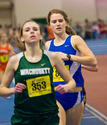 Bromfield junior Mimi Narbonne (right) finishes strong in the 600-meter race on Feb. 16. (Photo by Tyler Papazian) Bromfield junior Mimi Narbonne (right) finishes strong in the 600-meter race on Feb. 16. (Photo by Tyler Papazian)