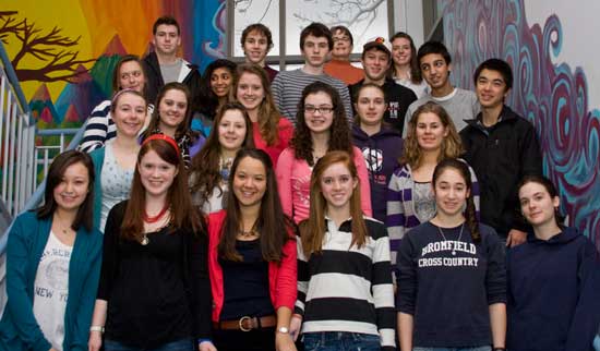 The Bromfield Model UN team from left to right: Front row: Katy Park, Eve Karon, Olivia Krutz, Ailee Katz, Rachel Leicher, and Megan Harrington. Second row: Mary Egan, Bernadette Stadler, Stephanie Reeves, and Adeline Gall. Third row: Meghan Rooney, Mimi Narbonne, Ann Chacko, and Andrew Hong. Fourth row: Tola Myczkowska, Vishwa Rasania, Joe Beebe, Brett Keating, and Andy Tabrizi. Back row: Zach Clements, Jake Kline, Ms. Kathleen Doherty, and Ms. Bryce Mattie. (Photo by Tyler Papazian)