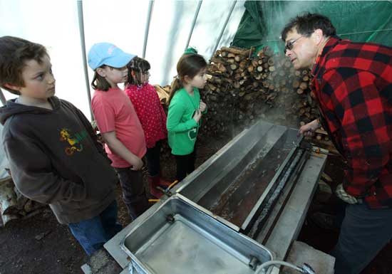 From left: Navon Williams, Katie Adams, Nicky Lambert, and Chloe Cushing listen as Bob Donaldson explains how his evaporator turns sap into syrup.