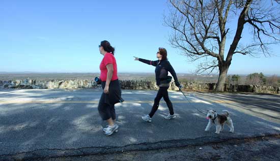 Natalia (left) and Monicah Pepicelli walk along Prospect Hill with their dog Chester. 