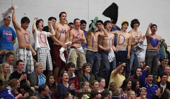 Getting in on the fun are tenth-graders Sebi Smalanskas, Peter Killian, Scott Blackwell, Peter Nocka, Eric Hazoury, Erik Johnson, Ryan Castro, Patrick Ware, and Brenton Stoddart, who declared their support for English teacher Jessica Hyde.