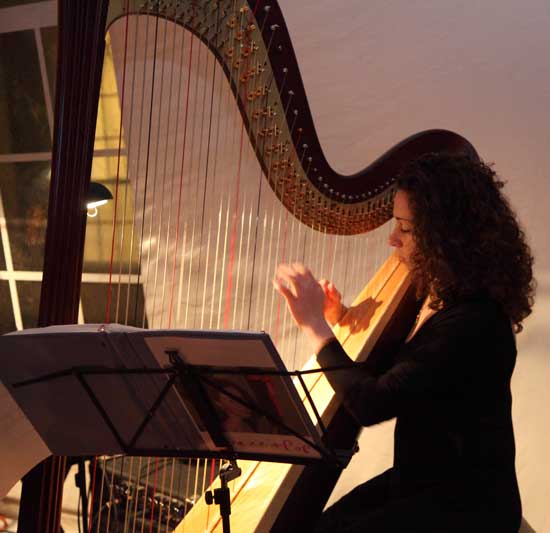 Musician Maria Parker, playing the harp, entertains dinner guests.