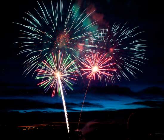 Fireworks burst high above Fruitlands. (Photo by Ellen Harasimowicz)