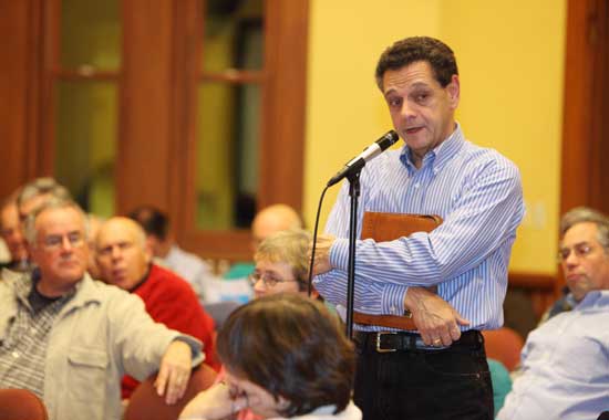 Building Inspector Gabe Vellante takes the microphone at an information session on the proposed "stretch code" on Oct. 14.