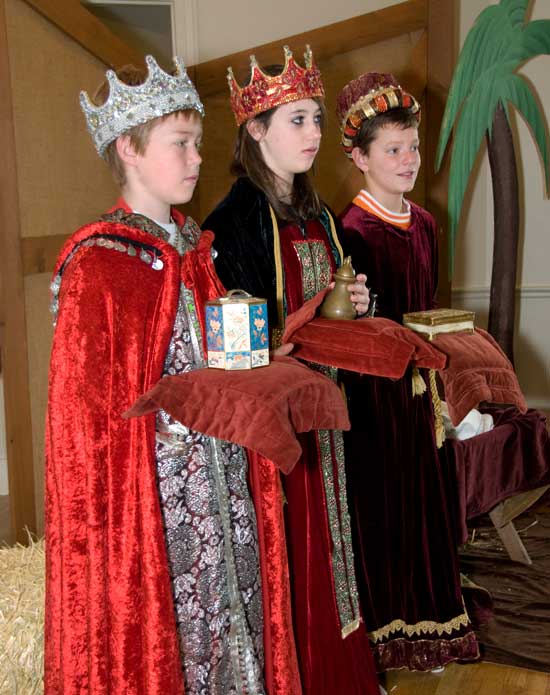 From left, Harry Carley, Emily Ferguson, and Luke Wharton are the three kings. (Photo by Kathryn Costello)
