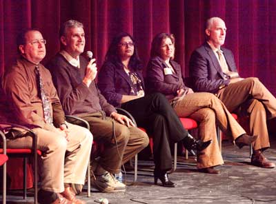 From left, panel members Scott Hoffman, Tom Jefferson, Dr. Madhavi Kamireddi, Dr. Jessica Rubinstein, and Jim O’Shea field questions from the audience at the Race to Nowhere screening. (Photo by Lisa Aciukewicz)