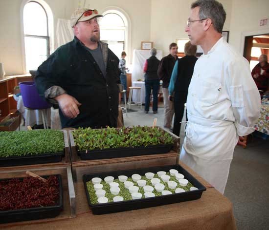 Jim Croyle, Jr., and Chef Paul Correnty discuss the possibility of Blue Moon Farm providing micro greens to the Harvard schools