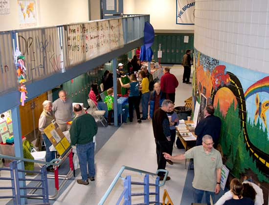 There was a buzz of activity in the hallway outside the Bromfield gym before the start of the meeting.