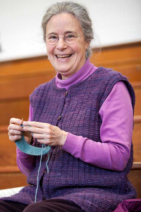 Dorothy Solbrig was one of a number of residents knitting their way through Town Meeting.