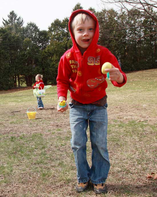 Teddy Solitro shows off an egg he found at the Devens egg hunt.