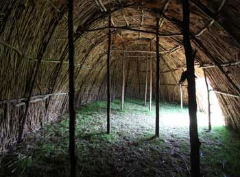 The interior and exterior of the recently completed longhouse constructed at Fruitlands as part of the Native American exhibit. The longhouse was the shelter of choice of many native peoples of this region. (Photo by Lisa Aciukewicz) The interior and exterior of the recently completed longhouse constructed at Fruitlands as part of the Native American exhibit. The longhouse was the shelter of choice of many native peoples of this region. (Photo by Lisa Aciukewicz)