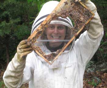 Mary Helan Turner holds up a frame of bee brood damaged by a bear having a snack. (Courtesy photo)