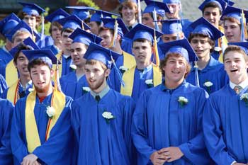 The senior class sings "Build me up, Buttercup." Front row, from left: Jacob Kraus, Matt Colony, Tyler von Loesecke, Hunter Granville. Second row: Andrew Hong, Clarence Chaisson, Matt Zimmer, and Seby Lipman. (Photo by Lisa Aciukewicz) The senior class sings "Build me up, Buttercup." Front row, from left: Jacob Kraus, Matt Colony, Tyler von Loesecke, Hunter Granville. Second row: Andrew Hong, Clarence Chaisson, Matt Zimmer, and Seby Lipman. (Photo by Lisa Aciukewicz)