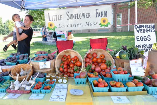 Vincent Cosentino flies into the arms of his mother, Sarah Cosentino of Little Sunflower Farm, on opening day of the Harvard Farmers' Market in August. (Photo by Katy Sharko)