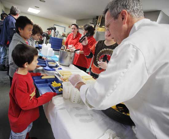 Chef Paul Correnty serves up lunch at the Bromfield shelter. Chef Paul Correnty serves up lunch at the Bromfield shelter.